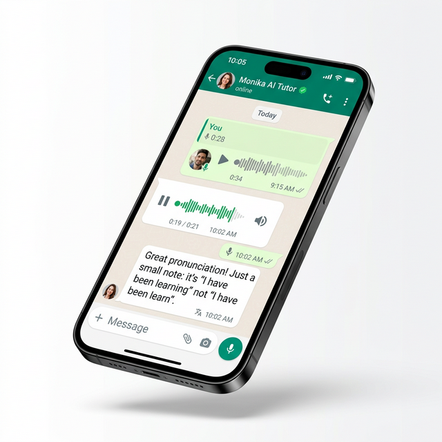WhatsApp chat with Monika AI Tutor showing a voice note exchange and grammar correction
